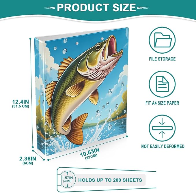 Aslsiy Kids 3 Ring Binder 1.5 Inch Open Mouthed Bass Fish Jumping (3) Girls Round Clipboard Binder Decorative Harcover Binders Organizer for Office School Supply