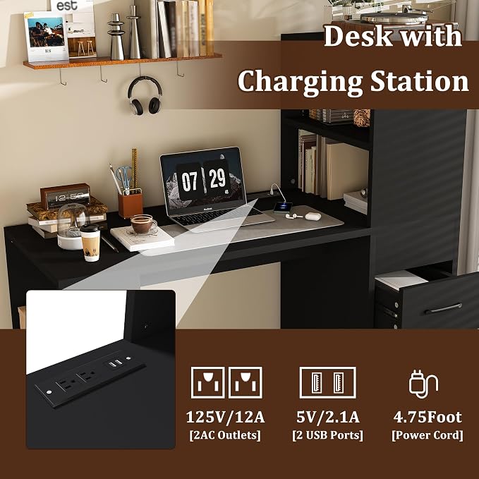 KEIKI L Shaped Computer Desk with 4-in-1 Charging Station, Office Desk with 3 Slide Drawers and 4-Tier Storage Shelves, Modern Wooden Corner Writing Desk for Home Office, Study, Bedroom, Black