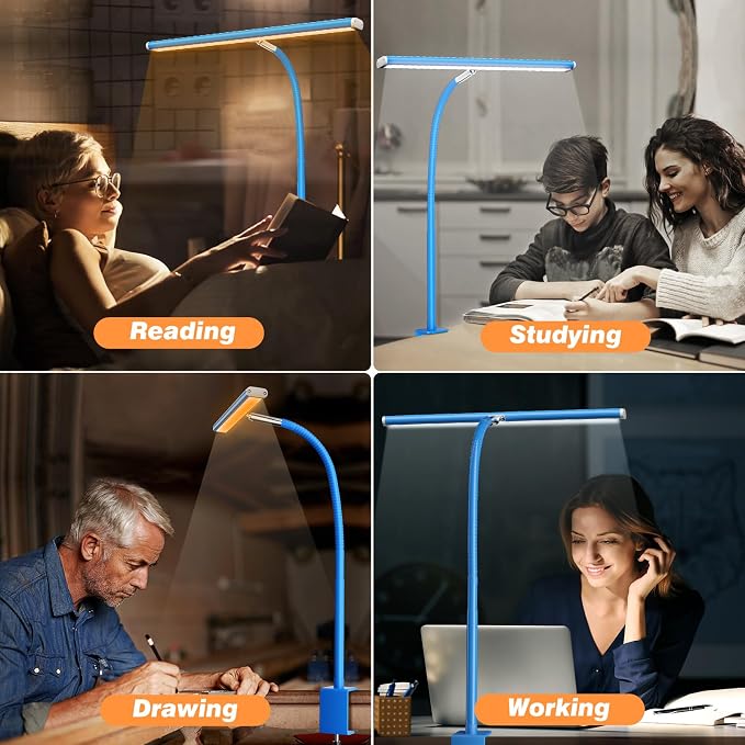 Airlonv LED Desk Lamp with Clamp, 17" Stepless Dimming Light, Blue | 2700K-6500K, 100 LEDs, 360° Gooseneck, Fits Up to 30" Monitors, Flicker-Free Lighting for Home Office, Study& Workbench