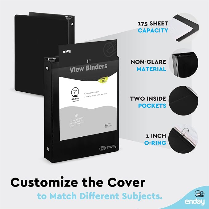 Enday 1 Inch Binder (6 Pack - Black) 3 Ring Binder 1 inch with Clear View Cover and 2 Inside Pocket - for Letter Size 8.5 x 11'' Paper, Ideal for School Supplies, Office, and Home