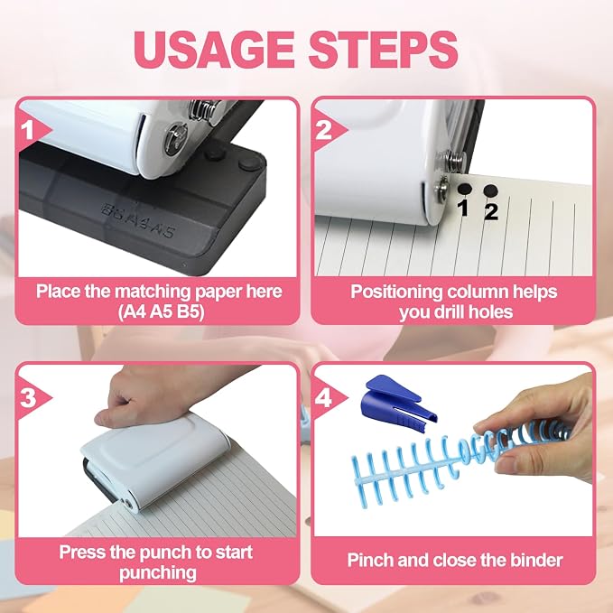 10 Hole Punch Binding Machine for Planner, Manual Binding System with 10 Multi-Color Binder Rings for Making 26 Holes on B5, 30 Holes on A4, 20 Holes on A5 Book, 10 Sheet Capacity - White
