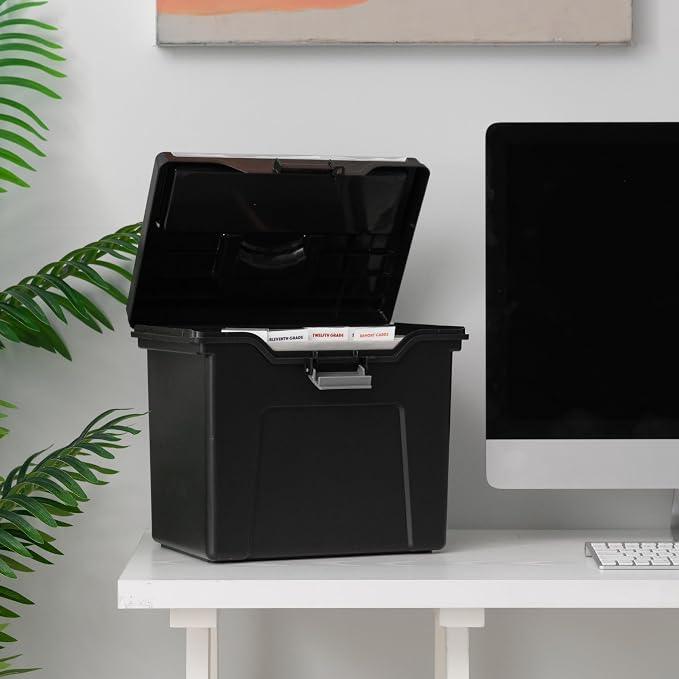 IRIS USA File Box Organizer with Lid, Letter File, 4-Pack, Black | Carry letter size files, documents and paperwork with a portable handle and secure lid for organized storage on the go