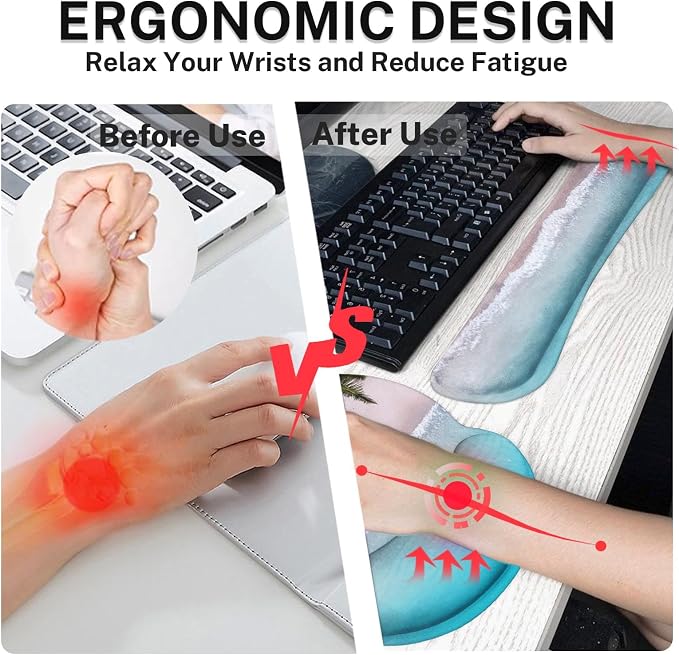 Keyboard Mouse Pad Set, 4 in 1 Desk Mat Set, Ocean Beach Blue | Turquoise Summer Large Mousepad+Keyboard Wrist Rest+Mouse Wrist Rest+Coaster Ergonomic Design for Home Office Computer