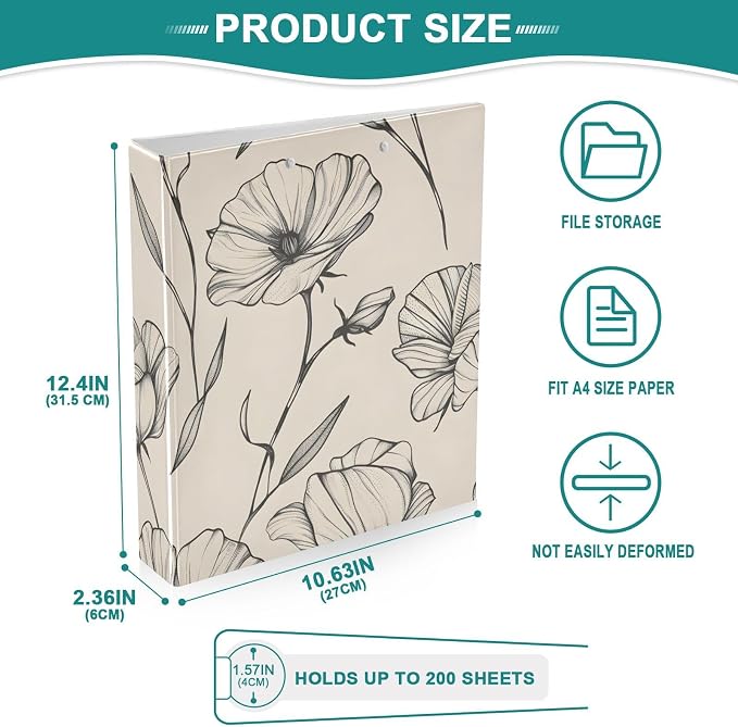 3 Ring Binder Black White Floral Vintage 1.5 inch Binders Three Ring Binders with Clipboard Fit 8.5'' x 11'' Paper 3 Interior PVC Clear Pockets for Office Supplies