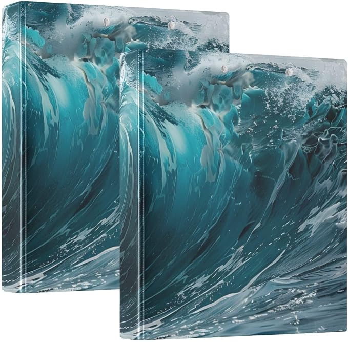 JIPONI 3 Ring Binder Large Ocean Wave 1 Inch Round Binders for Men Women Students, Cute File Organizer for Office School, 2pcs