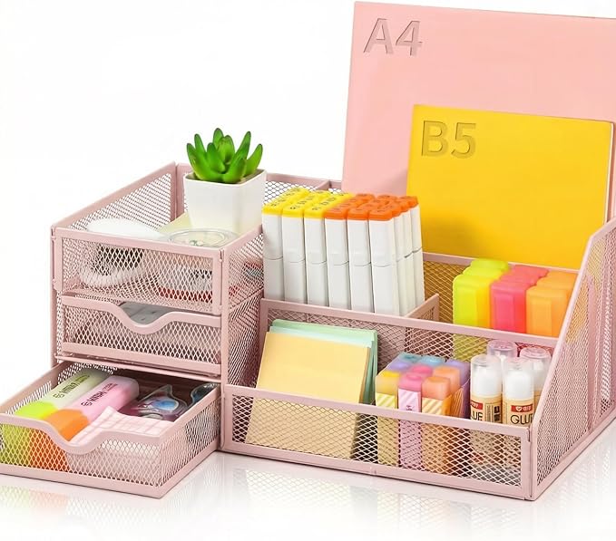 Lavatino Mesh Desk Organizer with 6 Compartments & 2 Drawers, Larger Multi-functional Desktop and Workspace Accessories Organizer for Office, Classroom, Dorm Supplies (Pink)