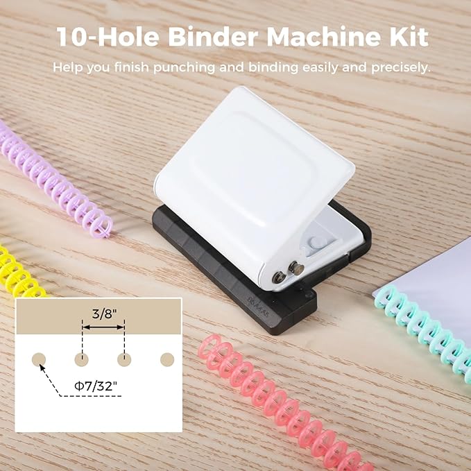 10-Hole Binder Machine Kit, Manual Binding System with 10 Pcs Loose Leaf Binding Spines & 100 Pcs Binder Rings, Binding Machine for Planner, 26 Holes on B5, 30 Holes on A4, 20 Holes on A5