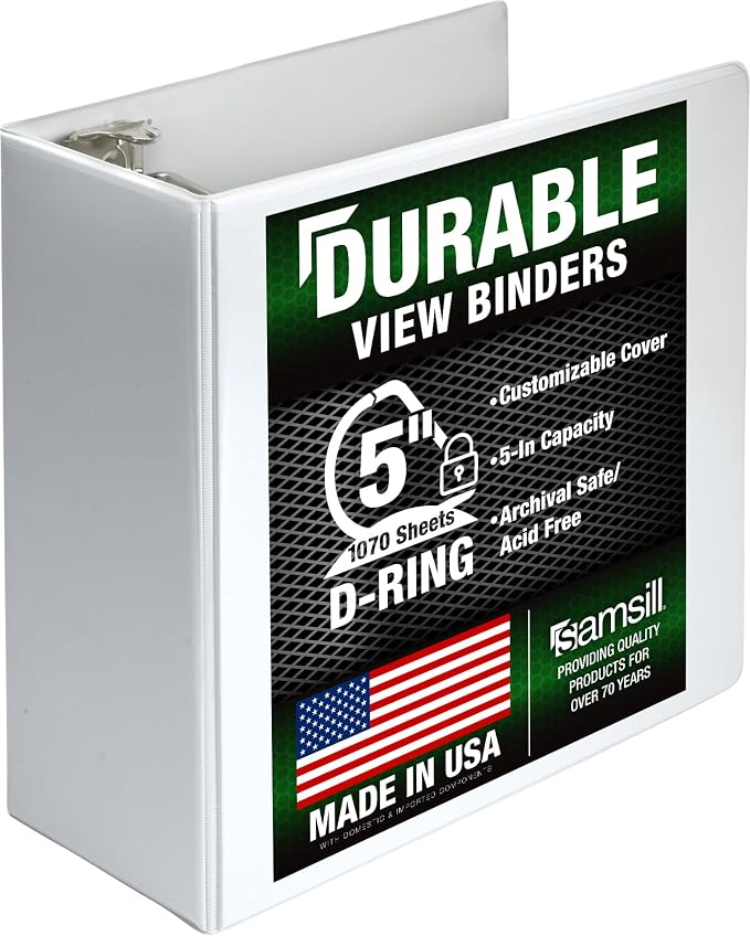 Samsill Durable 5 Inch 3 Ring Binder, D Ring Binder, Customizable Clear View, White, Holds 1070 Pages