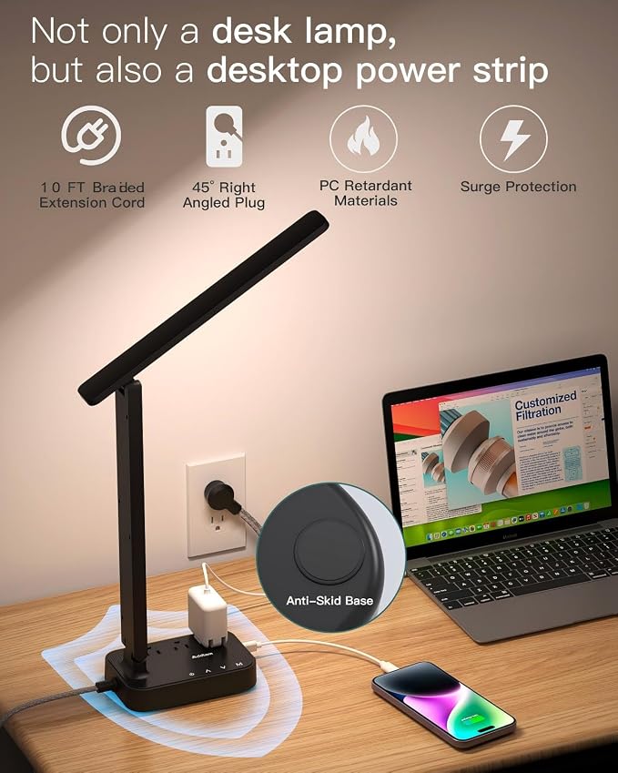Addtam LED Desk Lamp, Power Strip with 3 Outlets 4 USB Charging Ports(2 USBC), 4 Modes 5 Level Brightness Touch Lamp, Small Desk Lamp for Home Office College Dorm Room Essentials, 10 FT