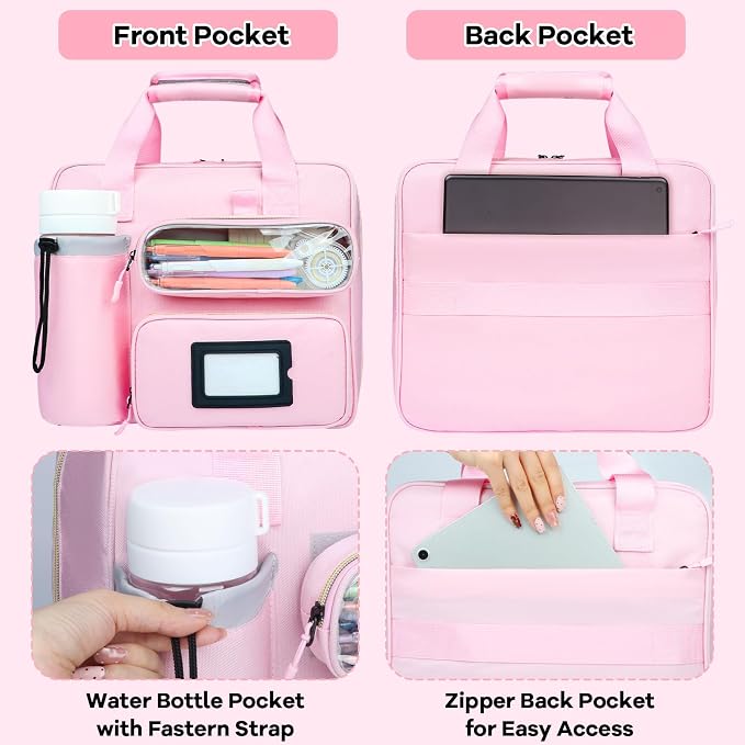 3 Inch D-Ring Zipper Binder Bag, 700 Sheet Capacity Multi-Pockets Organizer, 13 Inch Laptop Carrying Case with Bottle Holder& Shoulder Strap for School Office (Pink)