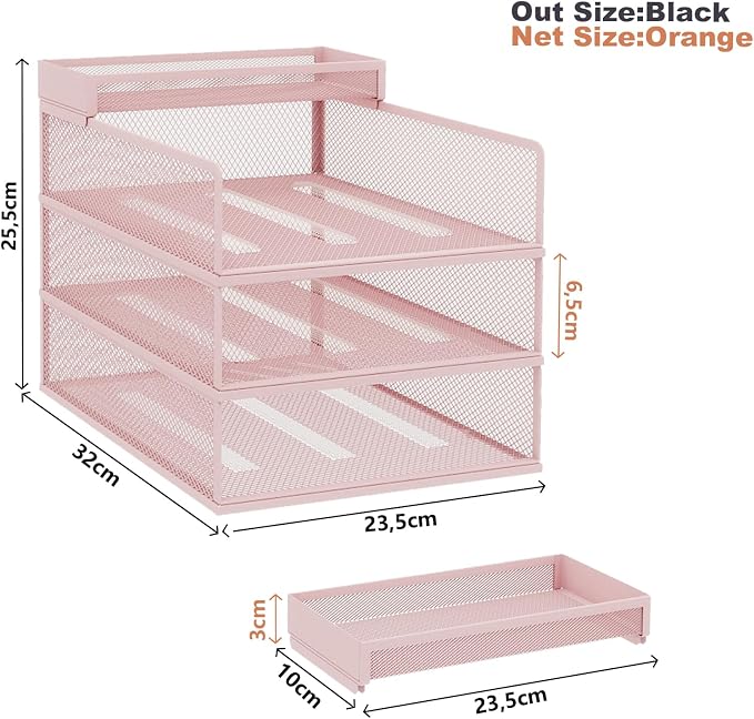 Natwind 3-Tier Stackable Metal Mesh Letter Paper Tray Organizer,Pink | Desk Organizer For Paper,Document,Mail Tray For Office Supplies,File Holder For Home Office School Classroom Organization