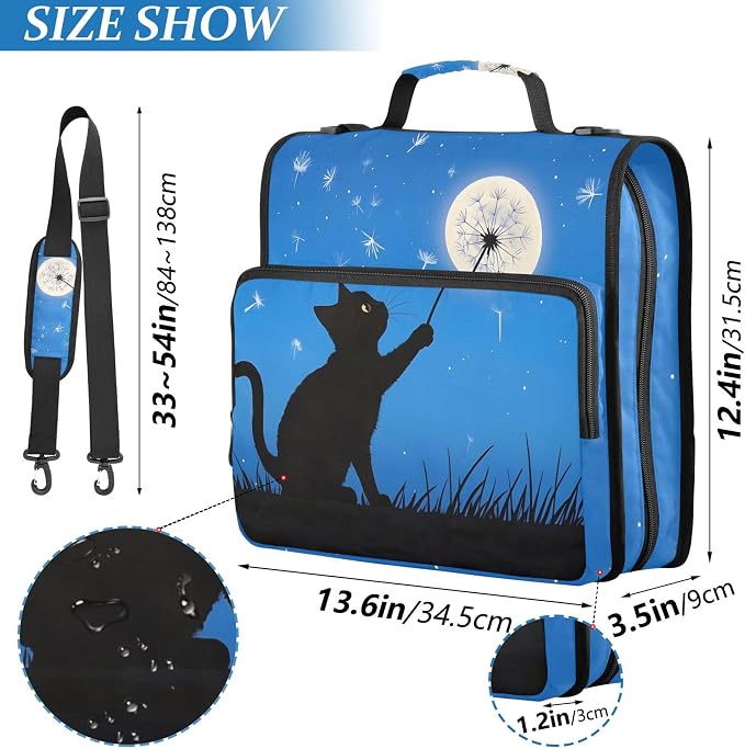 MNSRUU 3 Ring Binder Bag, 2 Inch D-Rings Easily Organizes 1 Inch Fits Letter Sized Paper, Black Cat Large 3 Hole Zipper Binder Organizer for School Office Supplies