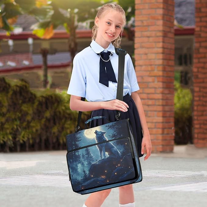 3 Ring Zipper Binder with Shoulder Strap Wolf Moon Galaxy Winter Forest 2 Inch Zippered Binder Bag 500 Sheet Capacity Multi Pockets for School Supplies