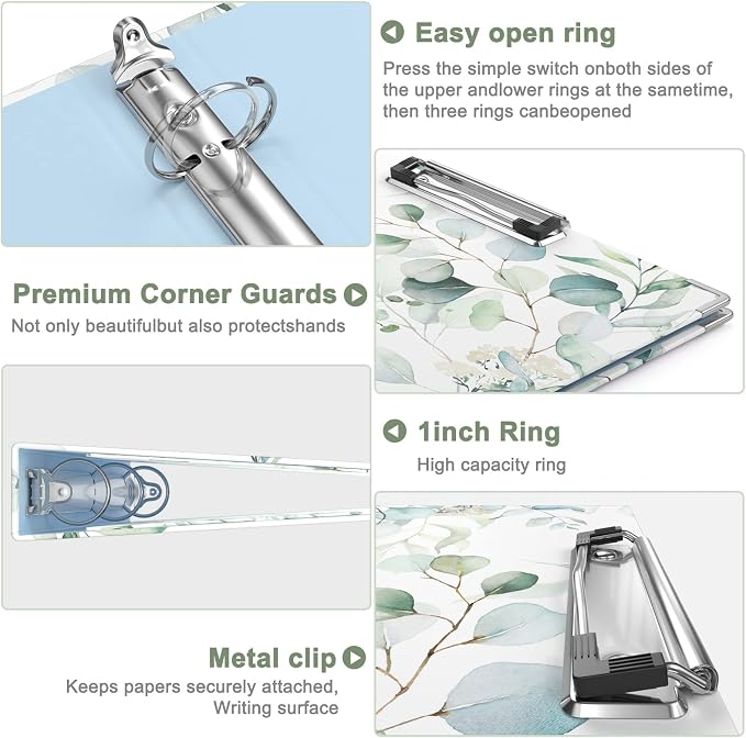 Rouidr 3 Ring Binder with clipboard, 1 inch 8.5 x 11 in Letter Size View Binders Organizer with Dividers Tabs & Clear Sleeves, School Supplies, Office Supplies, Eucalyptus Leaf
