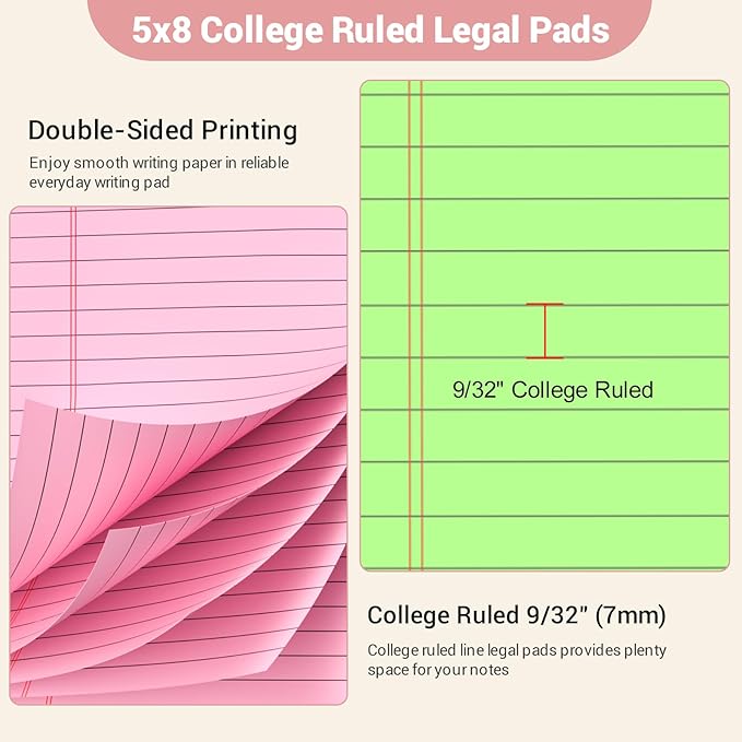 Legal Pads 5x8 Inch, 6 Pack, Narrow Ruled, 5x8 Colored Legal Pad, Mini Double-Sided Printing Notepad Perforated Small Notepad 5x8" Lined Paper, 30 sheets, Colored Writing Pads for Office Home School