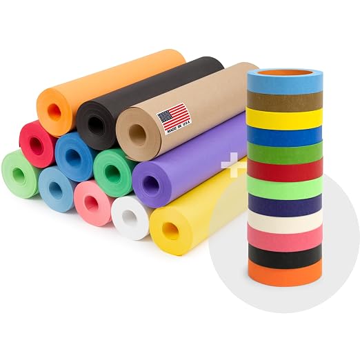 12 Rolls of Colored Kraft Paper and 12 Rolls of Colored Masking Tape | 1" Wide Tape, 12" x 100' Kraft Paper Rolls - Bulk Kids Craft Supplies - For Arts, Decoration, DIY, School