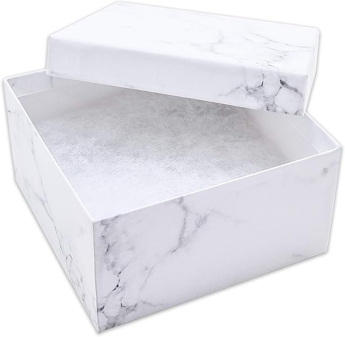 TheDisplayGuys 25 Cardboard Jewelry Gift Boxes with Inserts - Marble White | Size #34 - 3.9" x 3.9" x 2.0", Lids, Cotton Filled Padding, Kraft Paper, Bulk Pack Case, for Shipping, Organizers, Storage