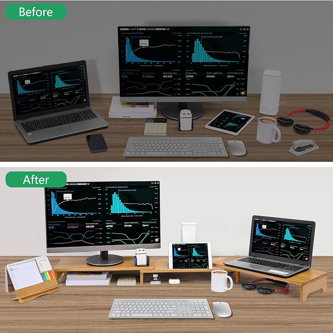 Nnewvante Monitor Stand Riser 60 inch Bamboo Dual Monitor Stand for Desk | Adjustable Length Angle, 3 Shelves Desktop Screen Riser, For Computer Laptop PC
