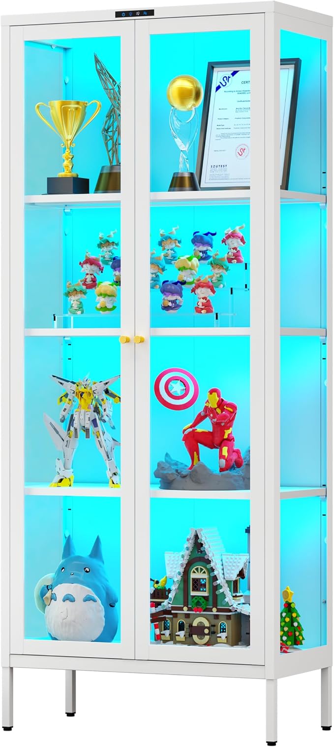 Polup 66" White Glass Display Cabinet with 8-Color LED for Collectibles | Metal Frame & Tempered Glass Doors, Motion Sensor LED, 3 Adjustable Shelves, 4-Tier Space, for Indoor Plants & Figures