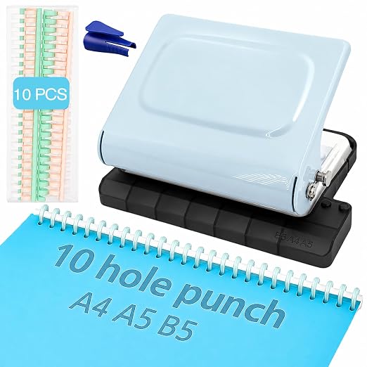 10 Hole Punch Binding Machine Kit for Planner (Blue) with 10 Multi-Color Spiral Coils, Adjustable A4 A5 B5 Paper Puncher, DIY Notebook Scrapbook Maker for Home Office School Organization