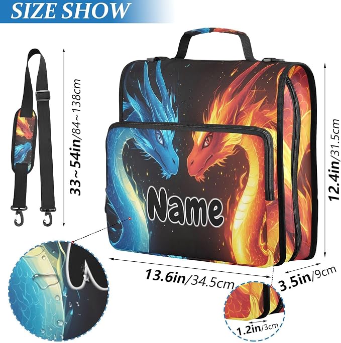 Custom Red Blue Dragons Fire Eyes 3 Ring Binder Bag 1.5 inch Personalized Name Binder Organizer 500 Sheet Documents Storage for School Office