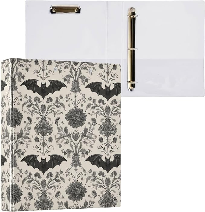 Goth Bat Round Ring Binders Floral (8) 1.5 Inch 3 Ring Binder with Clipboard Holds 200 Sheets Office Home School