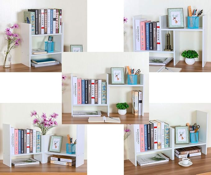 Adjustable Desktop Shelf Wood Small Bookshelf Desk Supplies Organizers and Accessories Storage Display Rack Office Decor, White