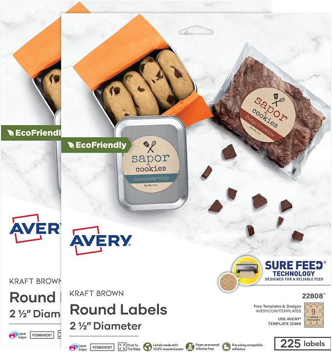 Avery Kraft Brown Round Labels with Sure Feed Technology, 2.5" Diameter, Print to the Edge, Laser/Inkjet Printable Labels, 2 Packs of 22808, 450 Total (5639)