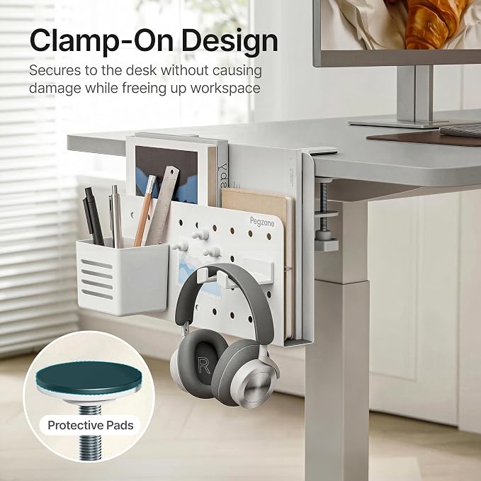 Under Desk Storage Organizer, Laptop Holder for 0.4"-2.2" Desk Edge, White | Holds 22lbs, Clamp on Desk Organizer with Pegboard Design, Fits 0.4"-2.2" Desktop Edge