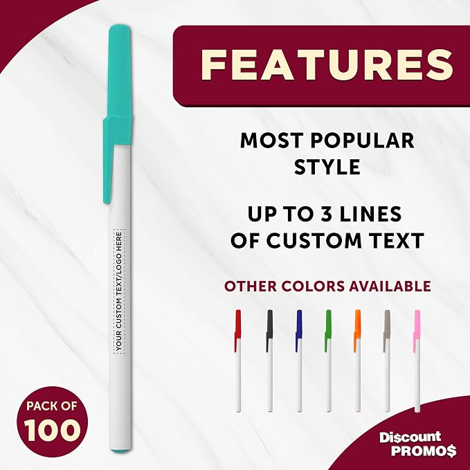 DISCOUNT PROMOS Custom Value Stick Pens Set of 100, Personalized Bulk Pack - Black Ink, Great for Office, School, Business, Tradeshows, Events - Teal