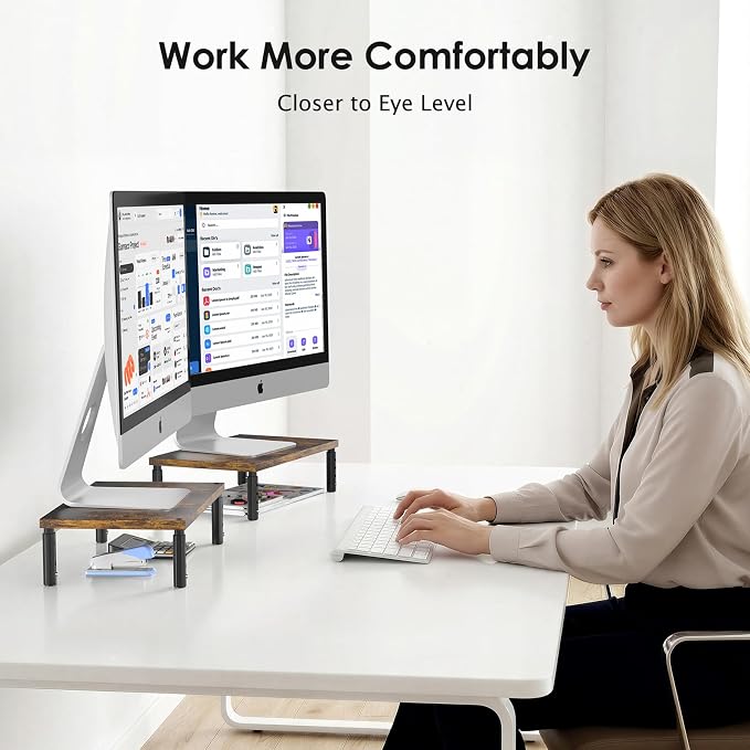 Adjustable Monitor Stand Riser for Desk, Wood Computer & Laptop Stand, Desk Organizers and Accessories, Office Desk Accessories & Workspace Organizer for Home Office Supplies, Brown