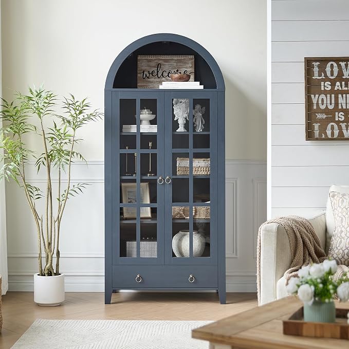 RowyPoey 71" Tall Arched Cabinet Bookshelf with Glass Door & Storage Drawer | Modern Farmhouse Display Cabinet,Adjustable Shelves,Wooden Kitchen Pantry for Dining Room,Living Room,Navy Blue,2 Pack