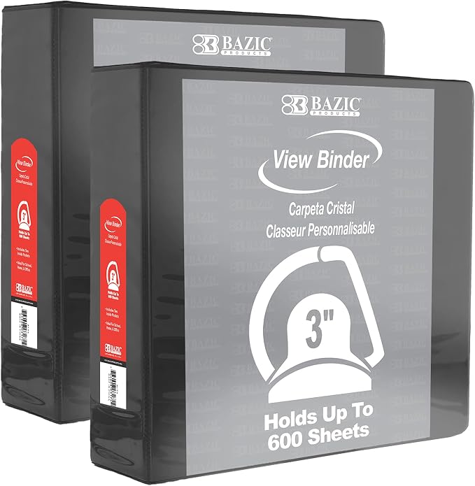 BAZIC Products 3" Black 3-Ring View Binder, Slant-D Ring, 2 Pockets, 2-Pack | 2 inside pockets, 3 in Black view 3-ring binder, slant-D rings, holds up to 600 sheets, Durable poly cover, 2 Pockets