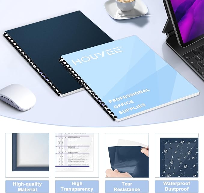 HOUYEE 100 Pack Binding Covers and Backs Set, 8.5x11 Inches, Letter Size | 50Pcs 12Mil PET Ultra Clear Binding Covers, 50Pcs 12Mil Navy Blue Plastic Sand Texture Polycovers, For Office School