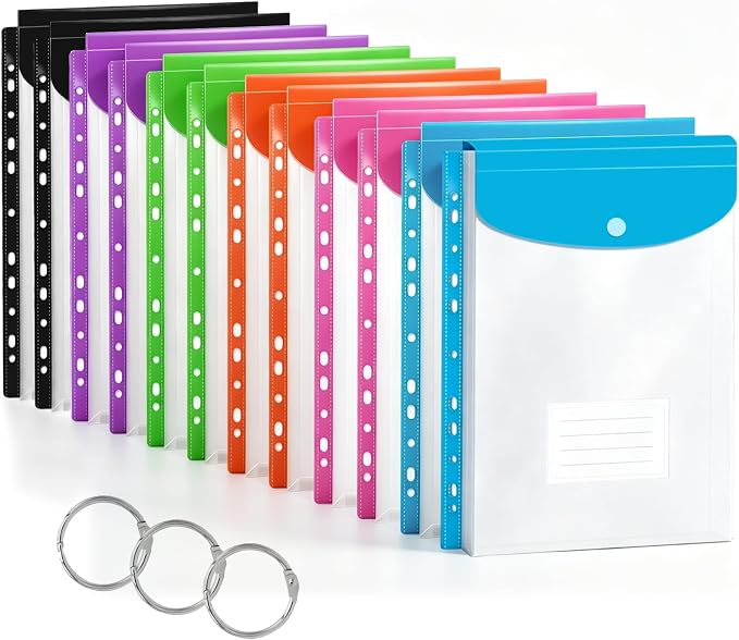 12 Pack Plastic Envelopes Binder Pocket 11 Holes Expandable Binder Folders for 2/3/4 Ring Document Pouch with Snap Button & Label Loose-Leaf Transparent for School Home Office (Vertical-Opening)