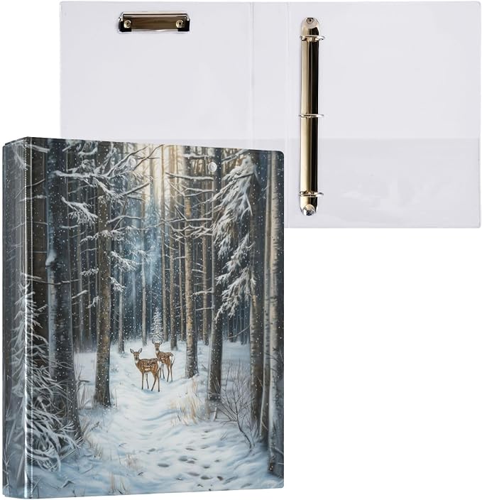Deer in Snowy Winter Forest Animal Tree 3 Ring Binder 1.5" Decorative D-Ring Binder with Clipboard&3 Clear Pockets, Holds 200 Sheets A4 Size Paper Waterproof Binders for School Home Office|2 Pack