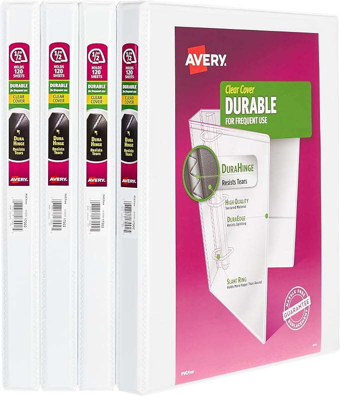 Avery Durable View 3 Ring Binders for Home, School Supplies, Office, or Organization Needs, 0.5" Slant Ring, 4 Pack White Binders (03362)