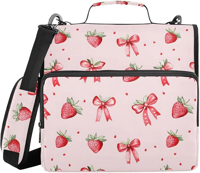 Strawberries Bows Pattern Zipper Binder 3 Ring with Handle and Shoulder Strap, 500 Sheet Binder Organizer Capacity & Multi-Pockets for School Office