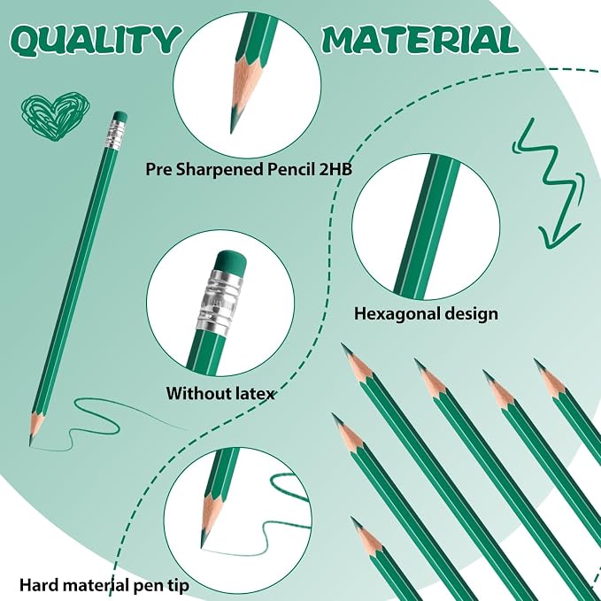 12 PCS Green Pencils with Eraser, Pre-Sharpened HB Pencils for Writing & Drawing, School Supplies for Kids Homework, Tests, Art Crafts & Teacher Grading (Green)