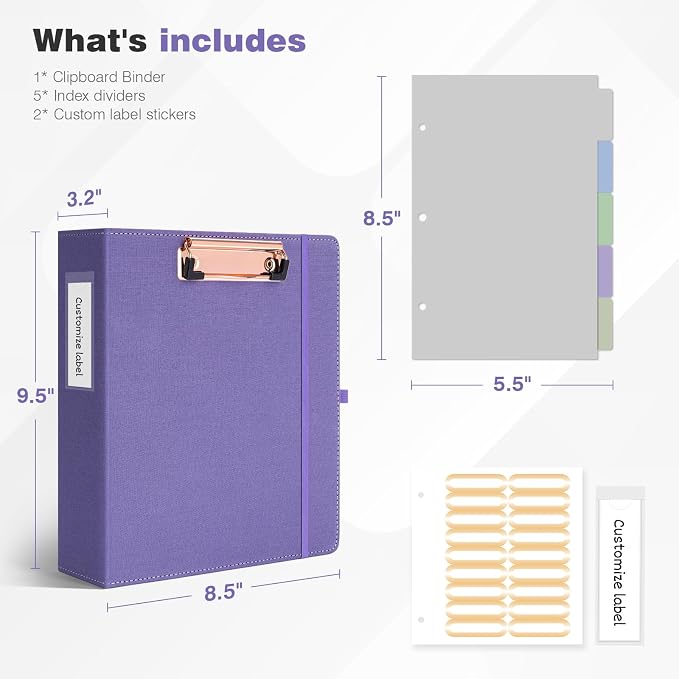 Ospelelf Mini 3 Ring Binder 2 inch Round Ring, 5.5 x 8.5 Purple Clipboard Binders Dividers with Tabs, Linen Binder Organizer for Office, Purple