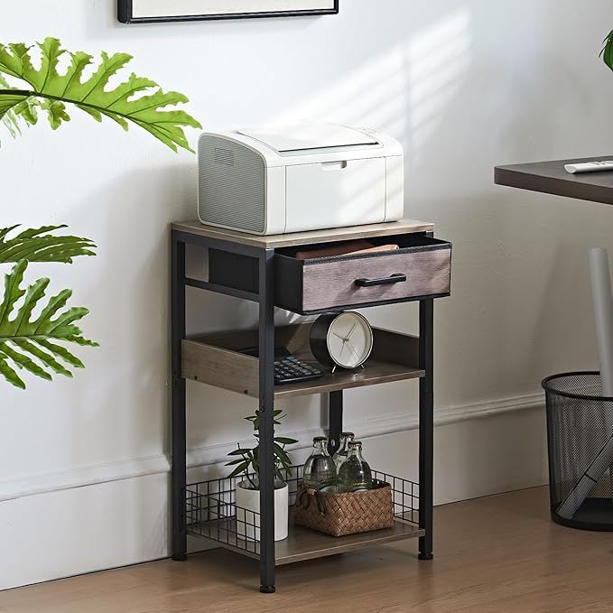 Lerliuo 3-Tier Printer Stand with Fabric Drawer and Shelves, Grey | Three-tier printer stand with fabric drawer and two shelves for paper, office supplies, scanners and fax machines