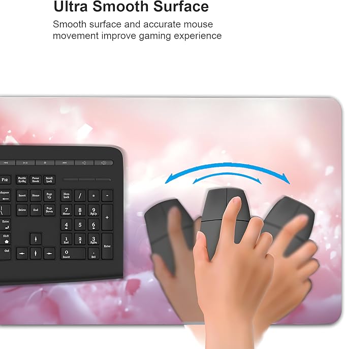 Cute Anime White Cat Gaming Mouse Pad, Pink Dreamy Desk Mat with Anti-Slip Base & Stitched Edges,35.4" x 15.7" in Table Mat for Computer Desktop, Beautiful Workstation Decor