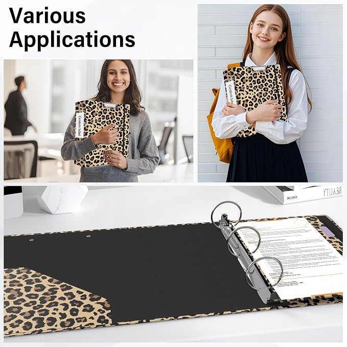 3 Ring Binder 3 Inch Round Ring Binder with 6 Tab Dividers，2 Interior Pockets，Cute Binder Clipboard with Storage, for School Office, Portfolio Organizer with Labels(Cheetah Spots)