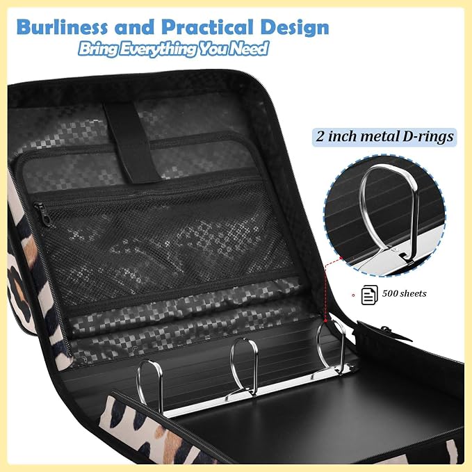Leopard Print Zipper Binder File Organizer Bag 3 D-Ring | with Shoulder Strap, Holds 500 Sheets & 14in Laptop, 3 Ring Binder for Office Supplies