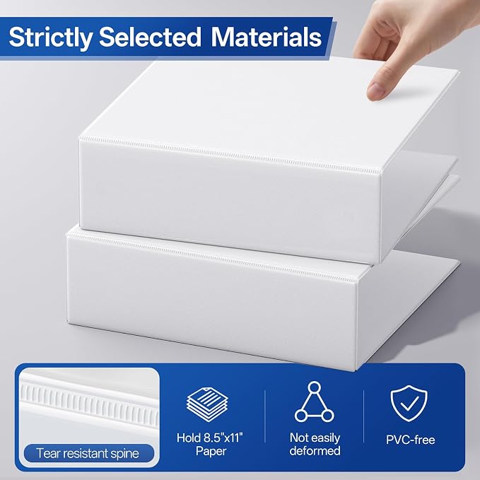 GNL 3 Inch Binders 3 Ring Bulk, 3" Three Ring Clear View Binder (Fit 8.5"x11" Paper) PVC-Free & Non-Stick for Office & School Supplies, White, 4 Pack