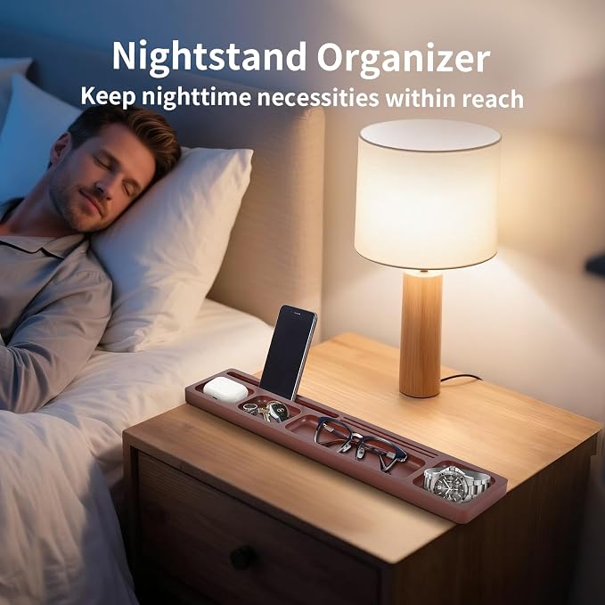 Valet Tray for Men – EDC Desk Organizer with Phone & Tablet Stand, Wooden Catchall for Watch Wallet Keys, Multi-Functional Office Desktop Storage, Gift for Husband Dad Groomsman