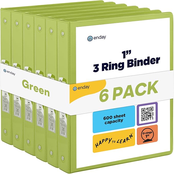 Enday 1 Inch Binder (6 Pack - Green) 3 Ring Binder 1 inch with Clear View Cover and 2 Inside Pocket - for Letter Size 8.5 x 11'' Paper, Ideal for School Supplies, Office, and Home