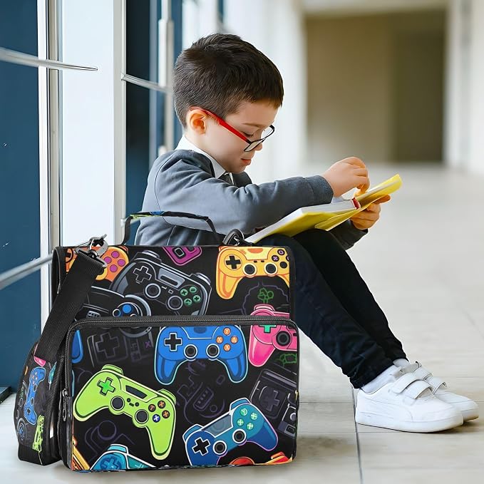 ATTX Colorful Video Game Controllers Zipper Binder with Adjustable Padded Strap - 3 Ring 500 Sheet Capacity Binder Bag with Multi-Pocket Organizer, Fits 12 Inch Laptop#252