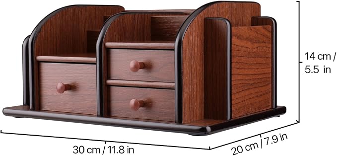 Flexzion Wooden Desk Organizer w/Drawers - Classic Wood Office Supplies Accessories Desktop Tabletop Sorter Shelf Rack Cherry Brown Pencil Holder Caddy Set with 3 Drawers, 3 Compartments & 2 Shelves | Cherry Brown Table Caddy, 12 X 8 X 5.5 In, with 3 C...