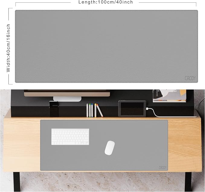 Cacoy 40" x 16" PU Leather Desk Pad Blotter, Extended Gaming Computer Mouse Pad, Waterproof Writing Pad Desktop Protector Mat for Office and Home (Grey)
